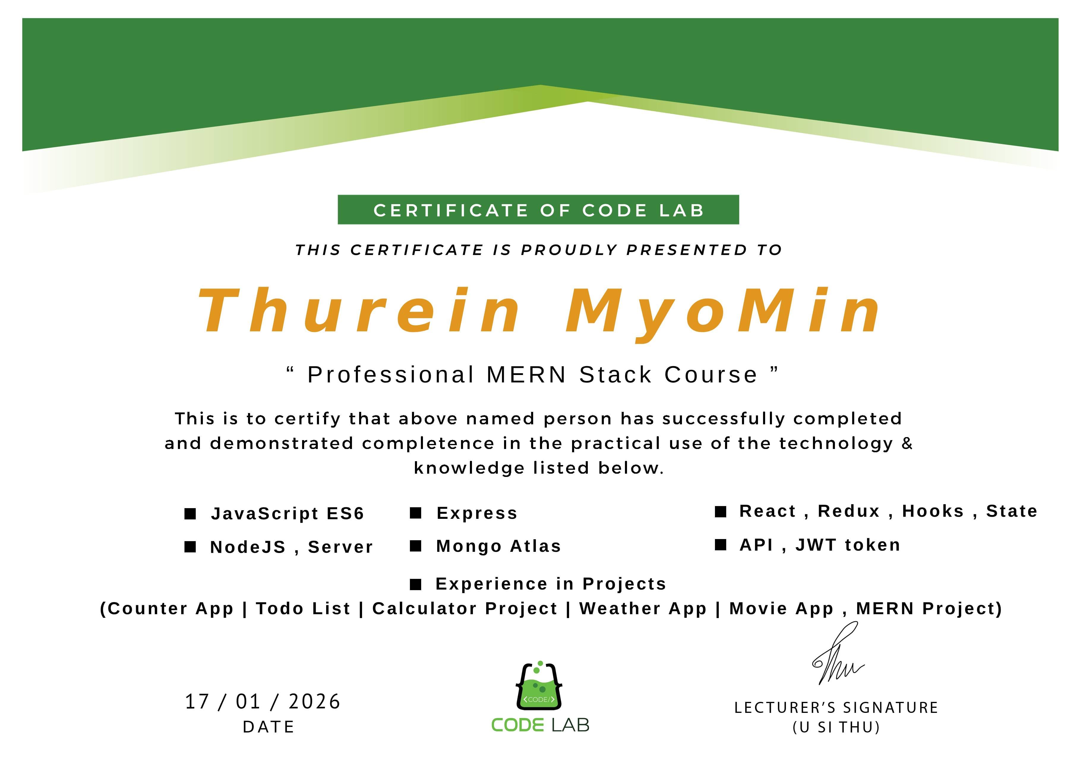 CodeLab MERN Stack Certificate
